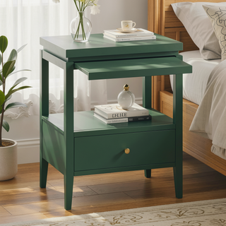 Sunvega Vintage Green 1-Drawer Nightstand with Spacious Shelf and Gold Pull