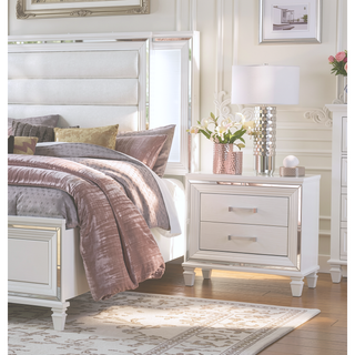 Sunvega White Silver Finish Nightstand with 2 Dovetail Drawers and Acrylic Bar Pulls