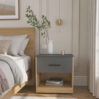 Sunvega Modern Natural Oak and Matt Gray Nightstand with Door and Shelf
