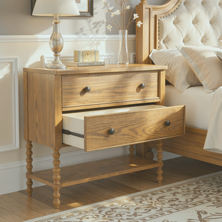 Sunvega Solid Wood 2 Drawer Accent Chest with Turned Legs in Camel Oak Finish