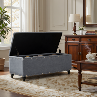 Sunvega Dark Brown Birch Legs Storage Ottoman with Light Assembly Required