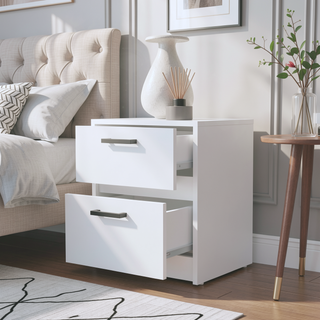 Sunvega Modern White 2-Drawer Nightstand with Metal Handles for Bedroom Storage