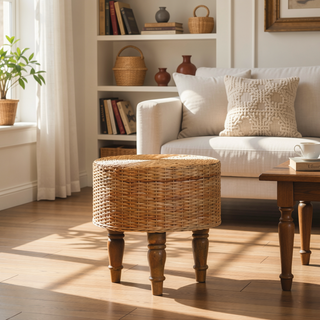 Sunvega Handcrafted Brown Solid Wood Regency Round Woven Stool
