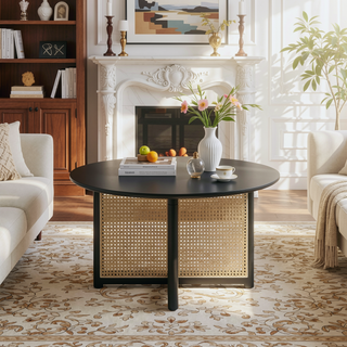 Sunvega 31.5 Inch Round Bohemian Style Solid Wood Coffee Table with PE Cane Stand