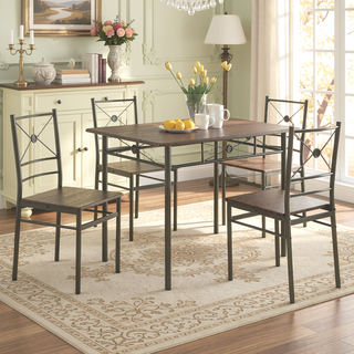 Sunvega 5-Piece Dining Set with Walnut Tabletop and Dark Bronze Crisscross Base
