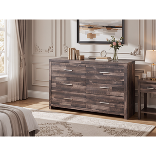 Sunvega Dark Cherry Finish Wooden Dresser with Six Spacious Drawers for Bedroom