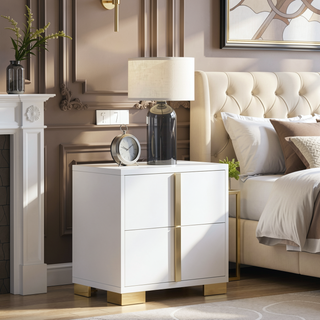 Sunvega Art Deco Nightstand with Two Drawers and Gold Metal Hardware for Bedroom