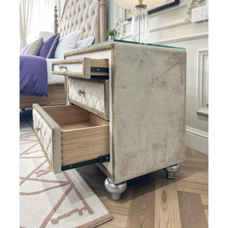Sunvega Lucienne Beige Velvet Nightstand with Tufted Drawers and Wood Construction