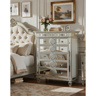 Sunvega Mirrored Nightstand with Geometric Trim and Crystal Knobs for Bedroom