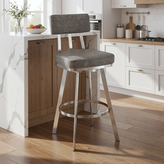 Sunvega 30 Inch Swivel Bar Stool with Gray Faux Leather Upholstery and Brushed Stainless Steel