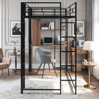 Sunvega Twin Metal Loft Bed with 2 Shelves and Desk for Study and Storage