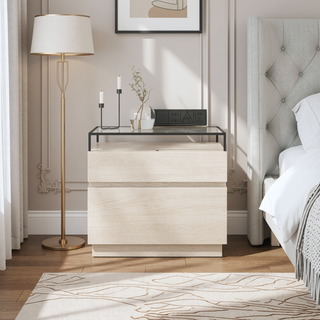 Sunvega Modern Industrial Nightstand with LED Lights and Two Drawers for Bedroom