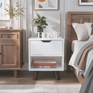 Sunvega Modern White Nightstand with Spacious Drawer and Open Storage Shelf