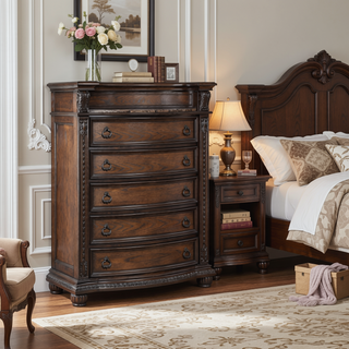 Sunvega Traditional Formal Style Marble Top Five Drawers Tall Chest with Intricate Moldings