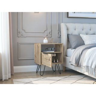 Sunvega Light Oak Nightstand with Hairpin Legs and Drawer Shelf Storage