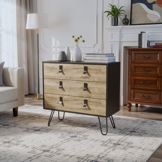 Sunvega White and Macadamia 3-Drawer Dresser with Contemporary Metal Handles and Wooden Legs
