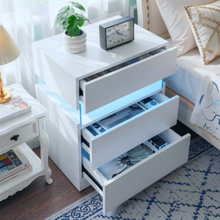 Sunvega LED Nightstand with Acrylic Board and RGB Lights 3 Drawer Bedside Table