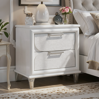 Sunvega Contemporary Glam Pearl White Nightstand with Embossed Panels and Acrylic Handles