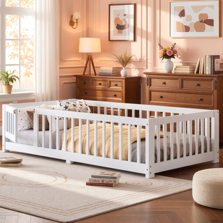 Sunvega Twin Size Floor Bed with Safety Guardrails and Door for Kids in Natural