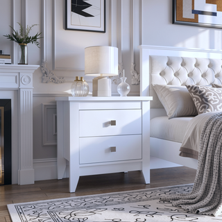 Sunvega White Nightstand with Two Spacious Drawers and Four Wooden Legs for Bedroom