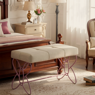 Sunvega White and Light Pink Tufted Bench with Butterfly Design and Padded Seat