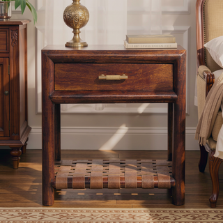 Sunvega Chestnut T-Bar Bedside with 1 Spacious Drawer and Woven Shelf