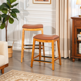 Sunvega Natural Finish Saddle Leather Seat Counter Stool with Footrest and Nail Head Trim