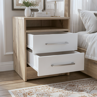 Sunvega Smokey Oak and White Finish Nightstand with Two Drawers and Open Shelf