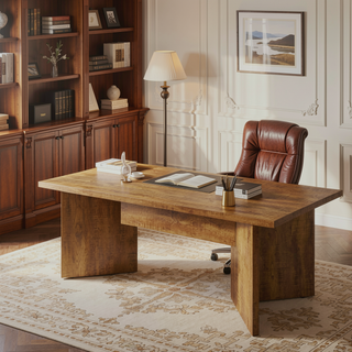 Sunvega Mango Brown Rectangular Dining Table with Sculpted Geometric Base and V-Shaped Legs