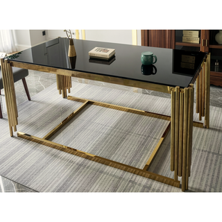 Sunvega Modern Dining Table with Tempered Glass Top and Golden Metal Frame