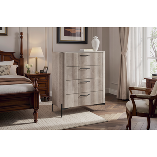 Sunvega Taupe Reeded Front Chest with 4 Storage Drawers and Metal Accent Base