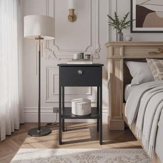 Sunvega Modern Black Wengue Nightstand with Drawer and Open Shelf for Bedroom