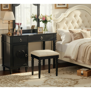 Sunvega Silver Color Rubber Wood Vanity Set with Stool and Open Up Mirror Storage