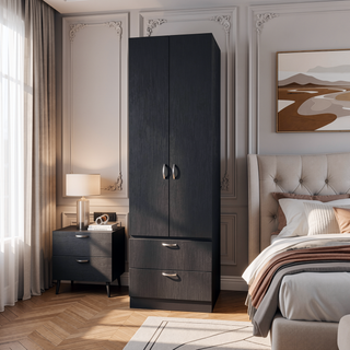 Sunvega Wenge 2-Door 2-Drawer Wardrobe with Hanging Rod for Bedroom