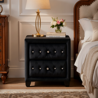 Sunvega Cream Velvet Upholstered Nightstand with Crystal Tufted Design and Two Drawers