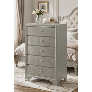 Sunvega Modern Glam Two Drawer Nightstand with Embossed Crocodile Pattern and Champagne Finish