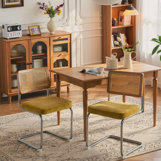 Sunvega Mid Century Modern Dining Chairs Set of 2 with Velvet Upholstery and Natural Rattan Back