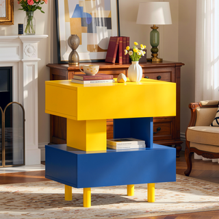 Sunvega Modern Yellow and Blue Nightstand with Large Storage Drawers for Bedroom
