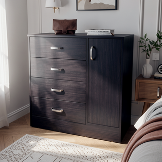 Sunvega Wenge 4-Drawer Dresser with Side Cabinet in Rich Dark Wood Grain Finish
