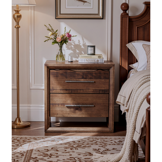 Sunvega Hand-Stained Mocha Pine Wood 2-Drawer Nightstand with Antique Silver Hardware