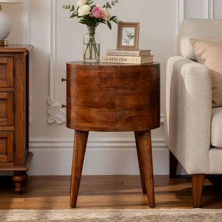 Sunvega Functional and Stylish Brown Chestnut Rounded Bedside Table with 2-Drawers