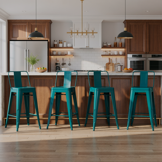 Sunvega Teal Blue Metal Counter Height Stool Set of 4 with Curved Back