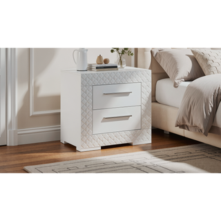 Sunvega Modern White Wood Nightstand with Two Spacious Drawers and Quilted Texture