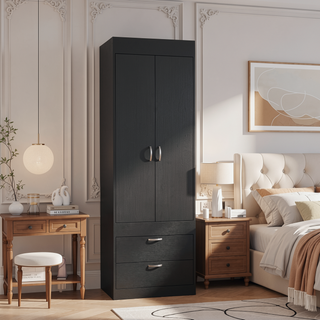 Sunvega Black 70H" Double Door Cabinet with Two Drawers and Metal Handles