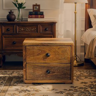 Sunvega Solid Mango Wood Wall Mounted Nightstand with Two Drawers and Oak-ish Finish