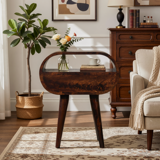 Sunvega Round Solid Mango Wood Bedside Table with Drawer and Open Slot