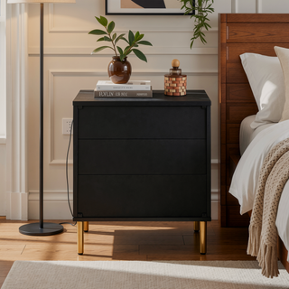 Sunvega Black Silver Gold Nightstand with Three Drawers Crocodile Pattern Fronts