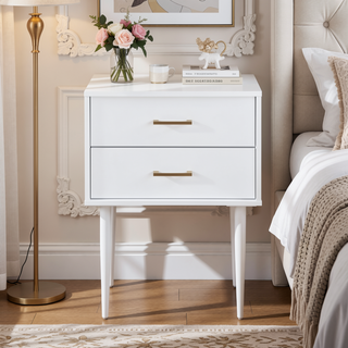Sunvega Mid-Century Modern White Nightstand with Tapered Legs and Gold Handles