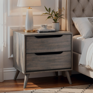Sunvega Mid-Century Modern Black Solid Wood Nightstand with 2 Drawers and Round Tapered Legs