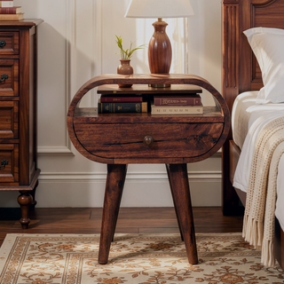 Sunvega Honey Caramel Solid Mango Wood Round Bedside Table with One Drawer